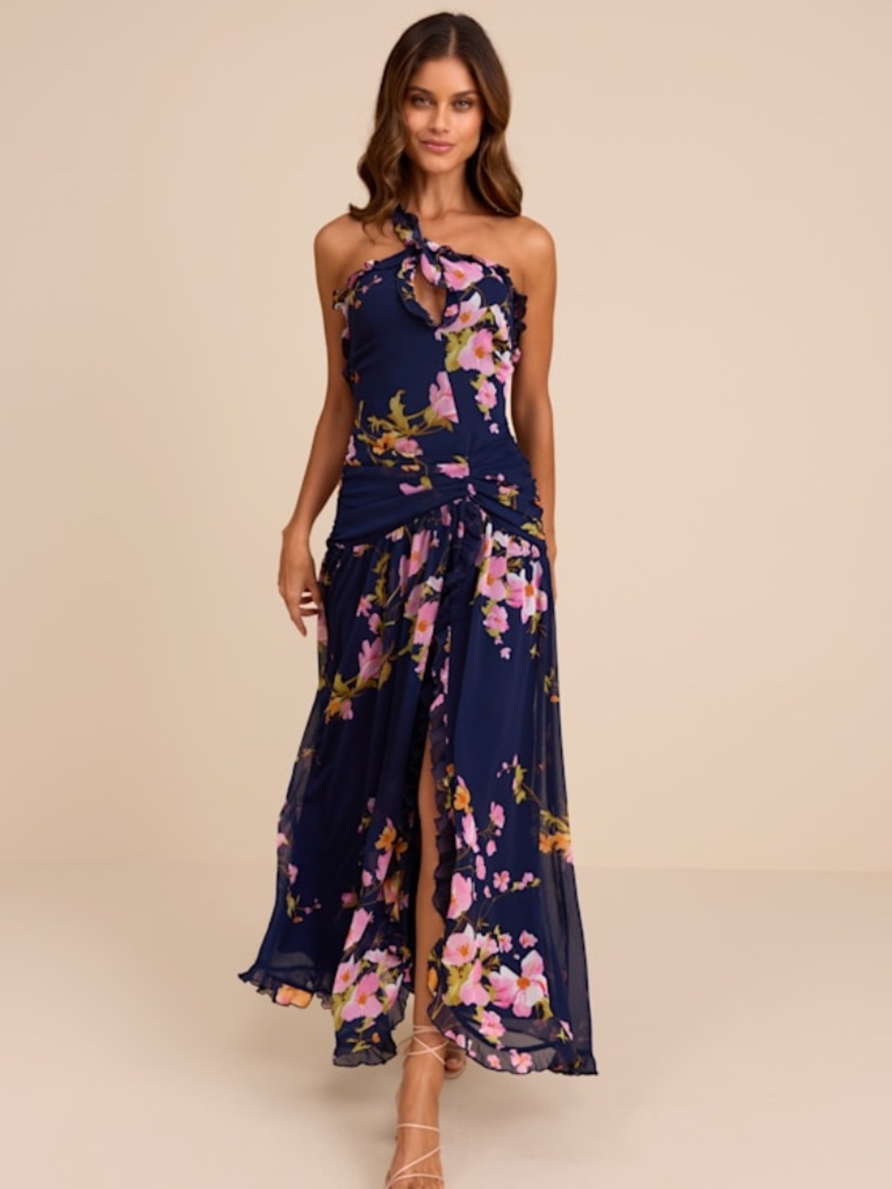Lulus Alayda Navy Blue Floral Asymmetrical Ruffled Maxi Dress - Size S